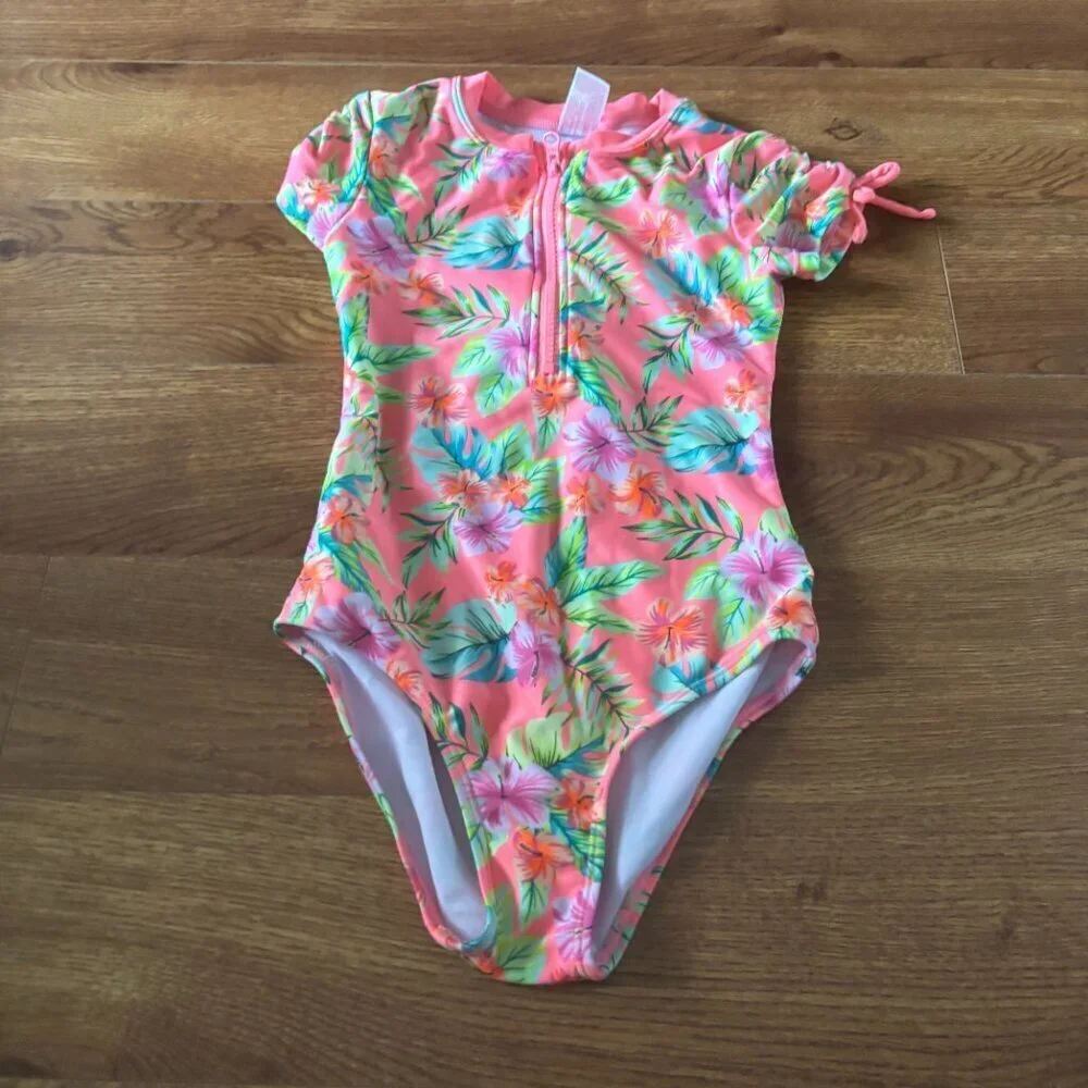 Cat & Jack pink floral one piece zip up swimsuit in size M (8)